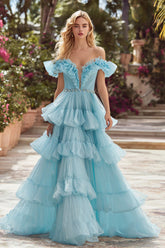 Sky Blue Sparkly Tiered Tulle Ruffled Long Prom Dress with Rhinestones