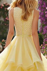 Sparkly Light Yellow Ruffled Long Prom Dress with Beading