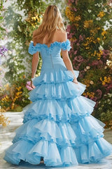 Sky Blue Tiered Ruffled Long Prom Dress with Pleats