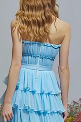 Sky Blue Tiered Ruffled Long Prom Dress with Slit