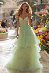 Light Green Corset Tiered Tulle Long Prom Dress with Ruffles