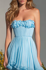 Sky Blue A-Line Tiered Long Prom Dress with Ruffles