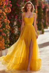 Yellow A-Line Long Pleated Prom Dress with Slit