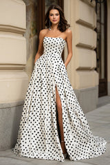 Black and White Polka Dots A-Line Long Prom Dress with Slit