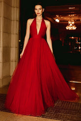 Red A-Line Halter Neck Long Gala Dress