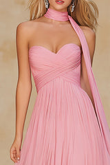 Pink Sweetheart Neck Scarf Long A Line Prom Dress