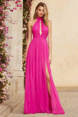 Fuchsia Halter Ruched A Line Long Prom Dress with Slit