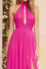Fuchsia Halter Ruched A Line Long Prom Dress with Slit