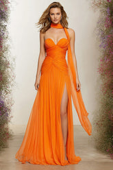 Orange Sweetheart Ruched Neck Scarf A Line Long Prom Dress