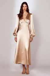 Champagne Satin Sheath V-Neck Long Sleeves Evening Dress