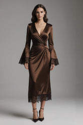 Coffee Mermaid V-Neck Long Evening Dress with Lace