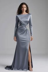 Sparkly Dusty Blue Mermaid Beaded Long Evening Dress with Slit