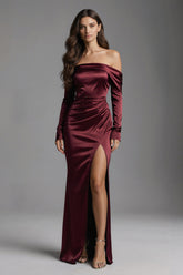 Burgundy Mermaid Ruched Off the Shoulder Long Evening Dress with Slit