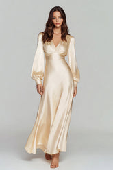 Champagne V-Neck Satin Backless Long Sleeves Evening Dress