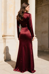 Burgundy Satin V-Neck Mermaid Long Sleeves Evening Dress