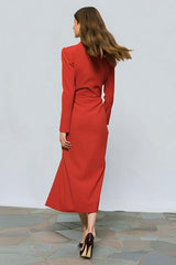 Red Sheath One Button Peak Lapel Ruched Midi Blazer Dress with Slit