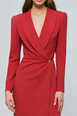 Red Sheath One Button Peak Lapel Ruched Midi Blazer Dress with Slit