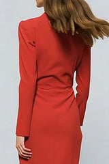 Red Sheath One Button Peak Lapel Ruched Midi Blazer Dress with Slit