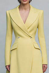 Yellow Double Breasted Peak Lapel Midi Blazer Dress with Sleeves