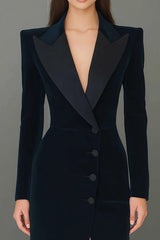 Navy Velvet Peak Lapel Single Breasted Long Blazer Dress with Slit