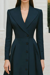 Navy Single Breasted A-Line Long Blazer Dress with Sleeves