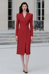 Red Bodycon Peak Lapel Midi Blazer Dress with Slit