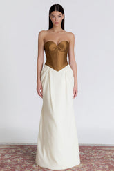 Brown and Ivory Patchwork Sweetheart Long Corset Formal Dress