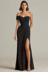 Black Sheath Asymmetrical Neck Ruched Long Formal Dress with Slit
