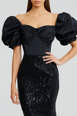 Sparkly Black Mermaid Puff Sleeves Long Formal Dress with Sequins