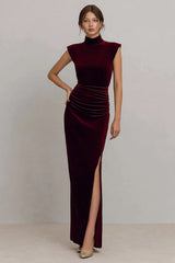 Burgundy High Neck Ruched Velvet Long Formal Dress with Slit