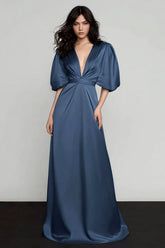 Sparkly Dark Blue Satin V-Neck A-Line Long Formal Dress