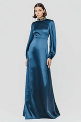 Sparkly Dark Blue High Neck A-Line Long Formal Dress with Beading