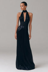Glitter Halter Neck Long Black Tie Dress with Keyhole