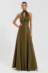 Olive High Neck A-Line Long Formal Dress with Keyhole