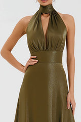 Olive High Neck A-Line Long Formal Dress with Keyhole