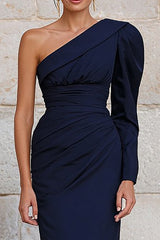 Navy One Shoulder Mermaid Long Formal Dress with Sleeves