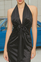 Halter Neck Sheath Ruched Long Black Tie Dress