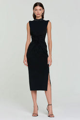 Sparkly Black High Neck Bodycon Midi Cocktail Dress with Slit