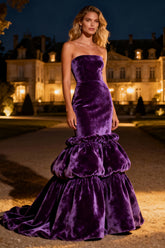 Purple Tiered Velvet Mermaid Long Holiday Party Dress with Ruffles