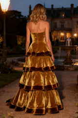 Brown Strapless Tiered A-Line Long Velvet Holiday Party Dress with Ruffles