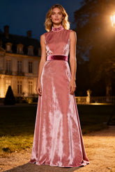 Pink High Neck Long Velvet Holiday Party Dress with Belt