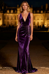 Sparkly Purple Mermaid Long Velvet Holiday Party Dress with Beading