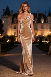 Sparkly Champagne Mermaid Long Velvet Holiday Party Dress with Pearls