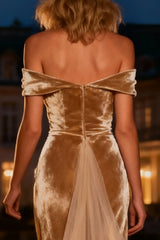 Champagne Mermaid Long Velvet Holiday Party Dress with Cape