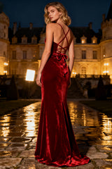 Burgundy Spaghetti Straps Long Mermaid Velvet Holiday Party Dress