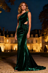 Dark Green Mermaid Long Velvet Holiday Party Dress with 3D Flower