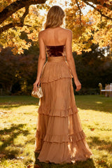 Khaki Tiered Chiffon Sweetheart Long Wedding Guest Dress with Slit
