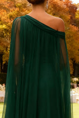 Dark Green One Shoulder Chiffon Long Wedding Guest Dress with Cape