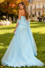 Sky Blue Mermaid Strapless Chiffon Long Wedding Guest Dress