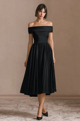 Midi A-Line Black Tie Dress with Pleats